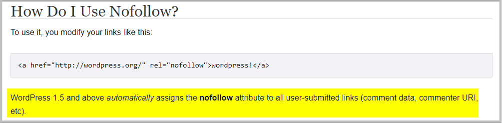 introduction of nofollow attribute in WordPress