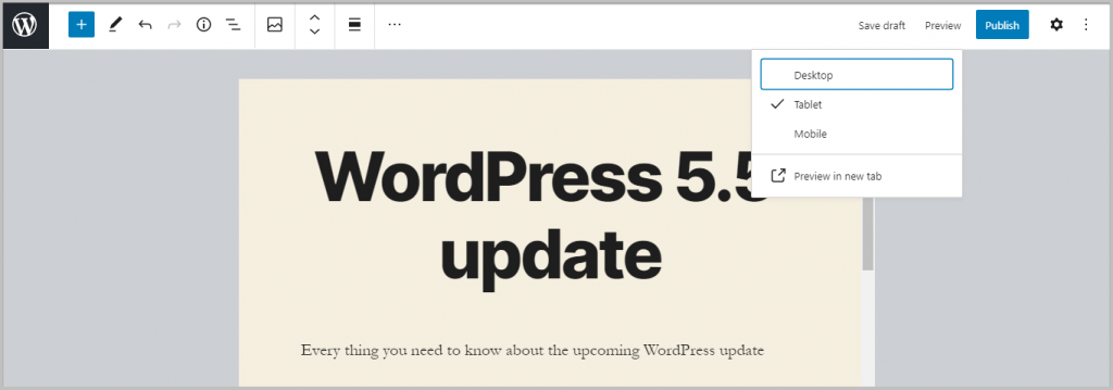 new device preview feature in WordPress 5.5