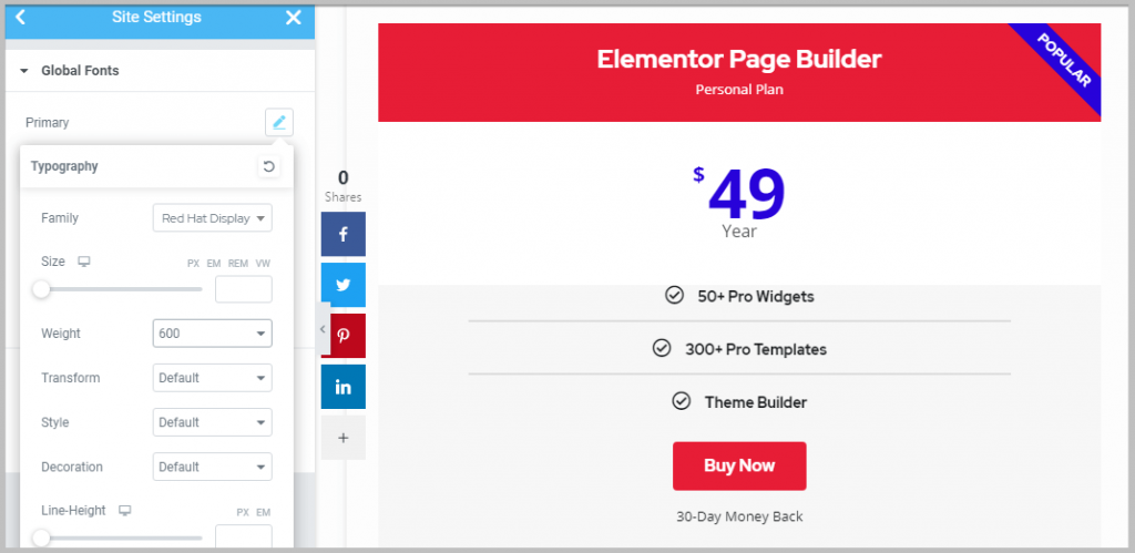 changing global fonts of pricing table