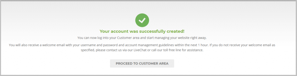Account creation complete in SiteGround