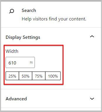Adjust width of the search block using display settings