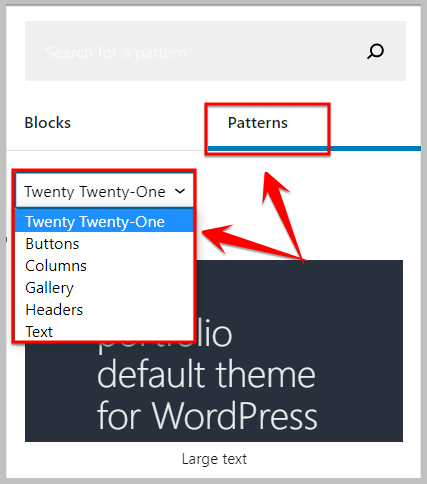 New drop-down in block patterns introduced in WordPress 5.6