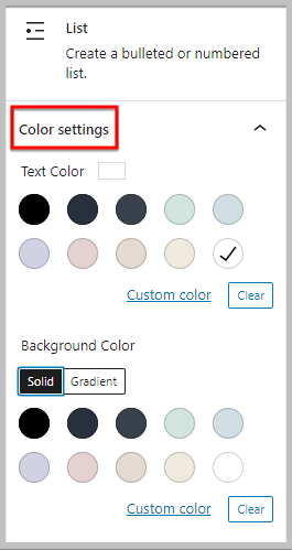 Color settings in list block