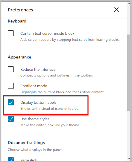 Display buttons as labels in Preferences