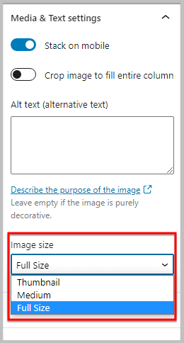Image sizes in media and text block