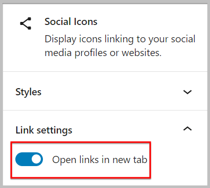 Link settings in social icons block