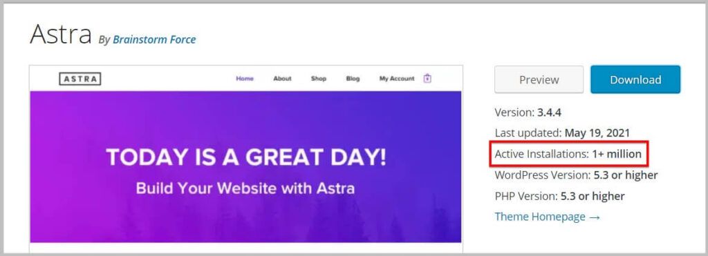Astra WordPress theme active installations