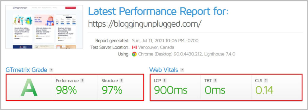 Page speed scores on using WP Rocket