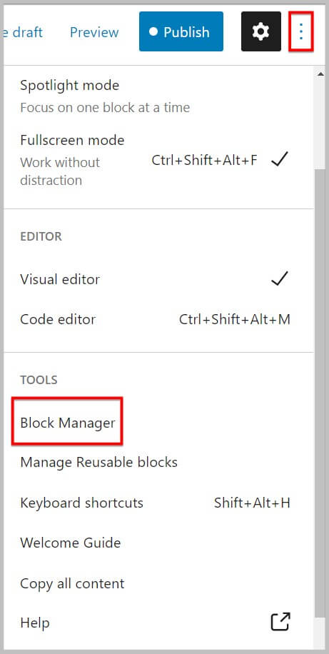 Block Manager in block editor settings before WordPress 5.9