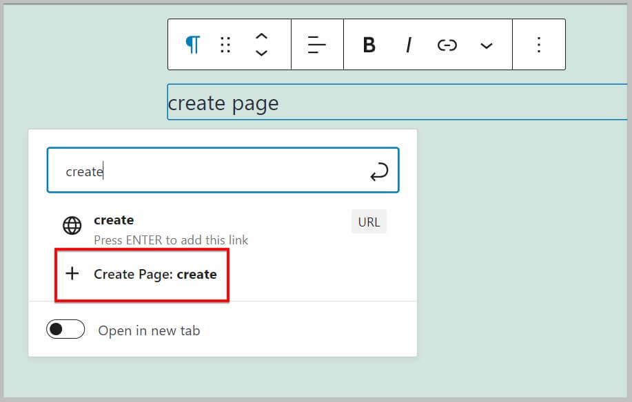 Create page from link popup in WordPress 5.9