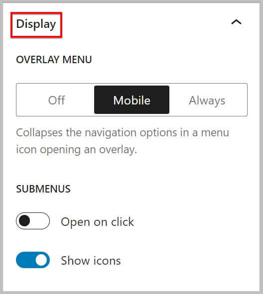 Display settings in the new navigation block