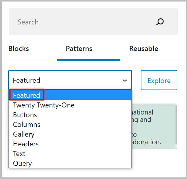 New featured category in patterns explorer in WordPress 5.9