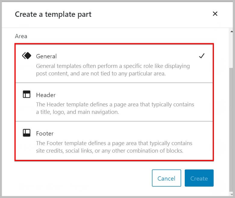 Select an area when creating template parts in the new WordPress 5.9 editor