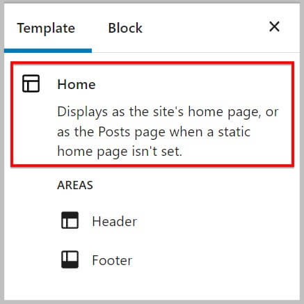 Template name in the new WordPress 5.9 site editor on the sidebar