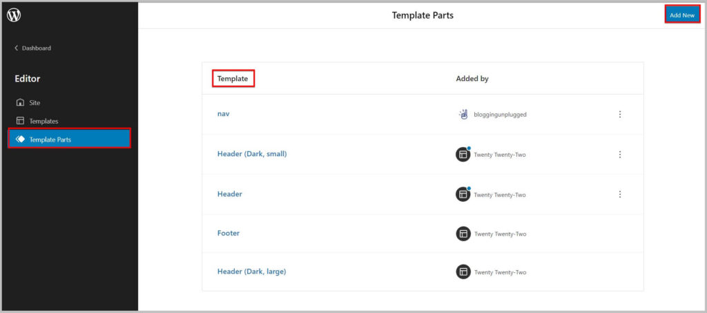 Template parts in the new WordPress 5.9 site editor