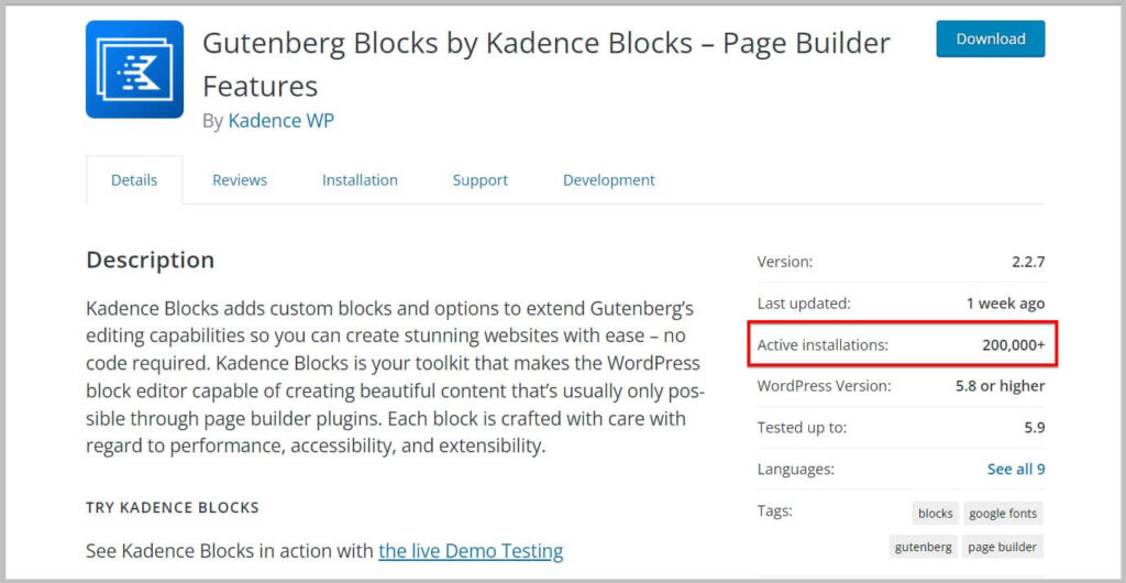 Kadence Blocks active installs