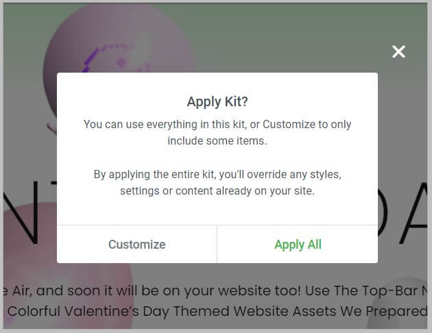 Popup before applying Elementor Pro Valentines Day kit