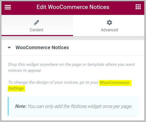 Add new Woocommerce notices widget on a page in Elementor Pro 3.6