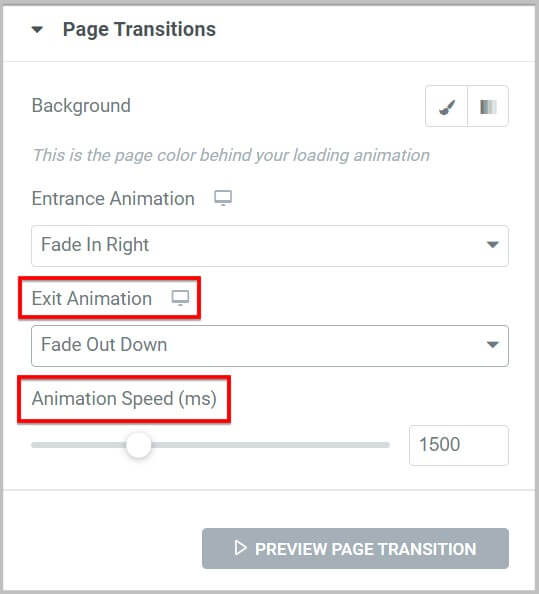 Additional animation settings in page transitions in Elementor Pro 3.6
