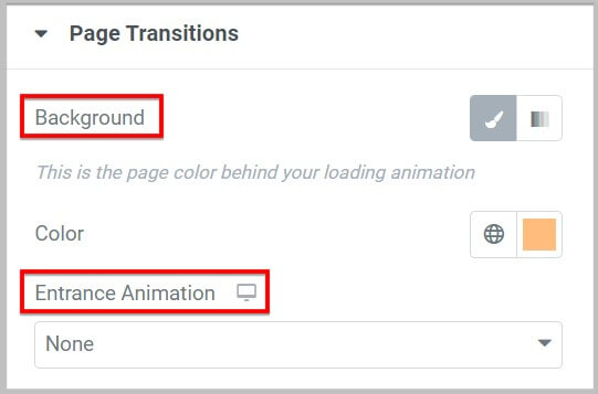 Background and Animation settings in Page Transitions in Elementor Pro 3.6