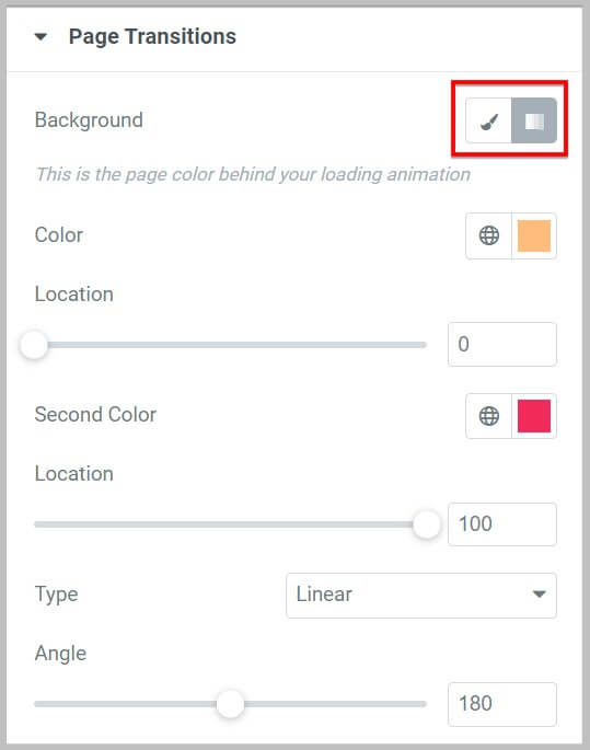 Background color settings  in Page Transitions in Elementor Pro 3.6