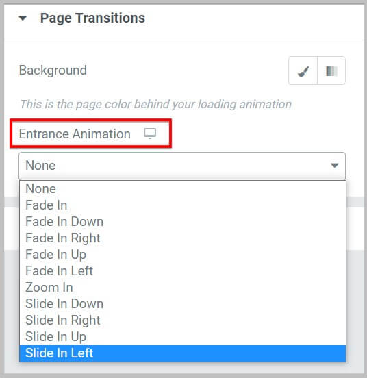 Entrance animation in Page transitions in Elementor Pro 3.6