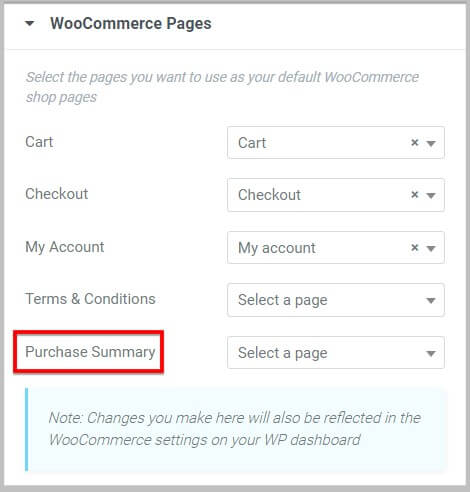 Purchase Summary option in Woocommerce page setup in Elementor Pro 3.6