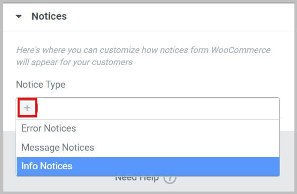Select a Woocommerce notice type in Elementor Pro 3.6 update