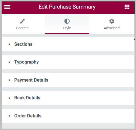 Style Settings for new purchase summary widget in Elementor Pro 3.6