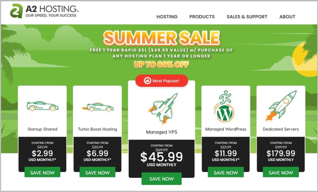 A2 Hosting Homepage on Summer Sale