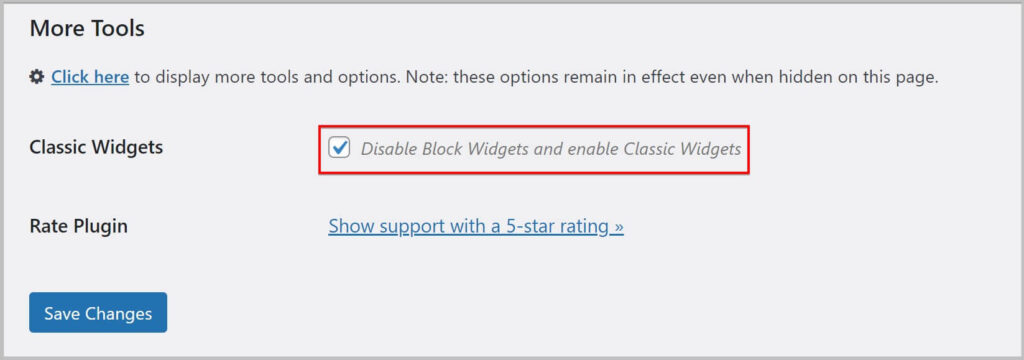 Disable Block widgets option in Disable Gutenberg plugin