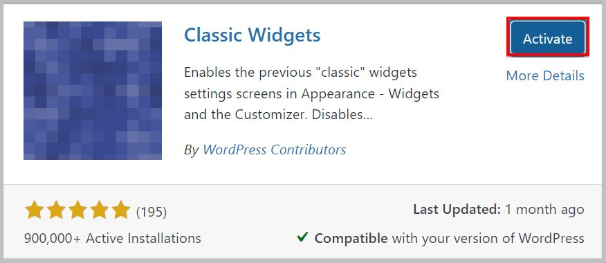 Install and Activate Classic Widgets plugin to disable block widgets in WordPress