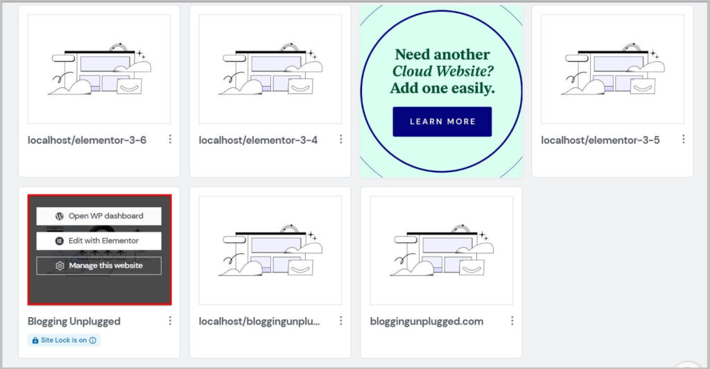Options on hovering Elementor Cloud Website listing