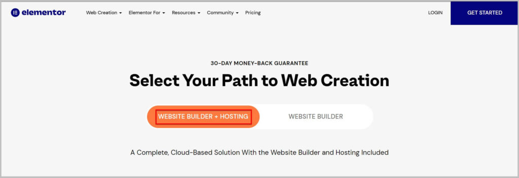 Select web creation path when signing up for Elementor Cloud Website Subscription