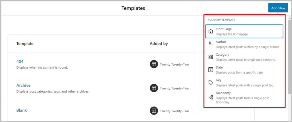 New template options in site editor in WordPress 6.0