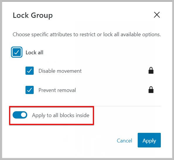 Apply lock settings to inside blocks in WordPress 6.1 Beta