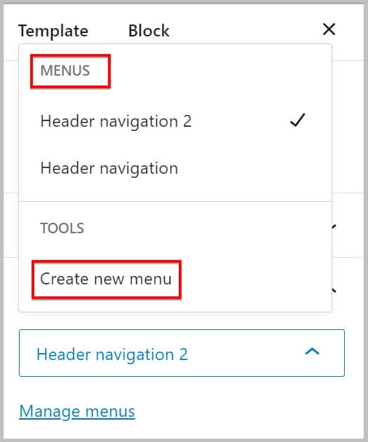 Option to create new menu in Navigation block in WordPress 6.1 beta