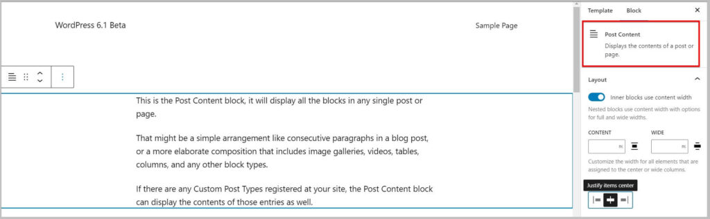 Post Content placeholder in WordPress 6.1 Beta