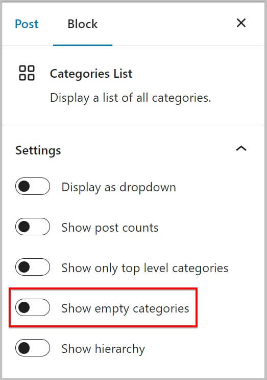 Show empty categories option in WordPress 6.1 Beta