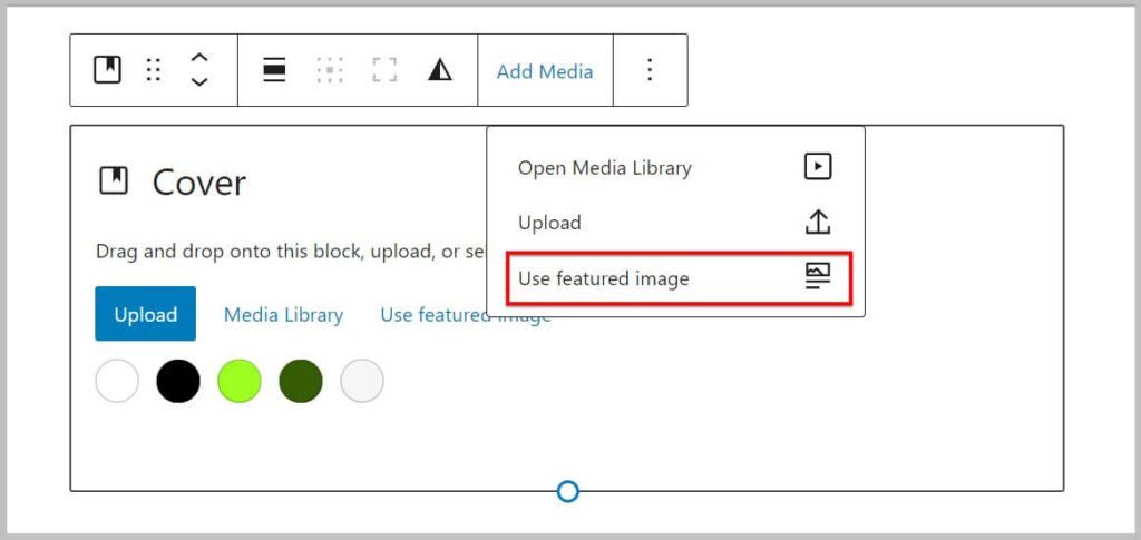 Use Feature image option under add media in Cover block in WordPress 6.1