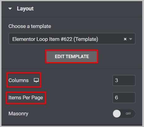 Layout Settings for Loop Grid widget in Elementor Pro 3.8
