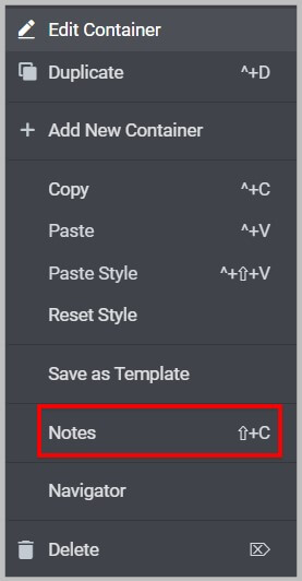 Notes option in Elementor Pro 3.8 in right click context menu