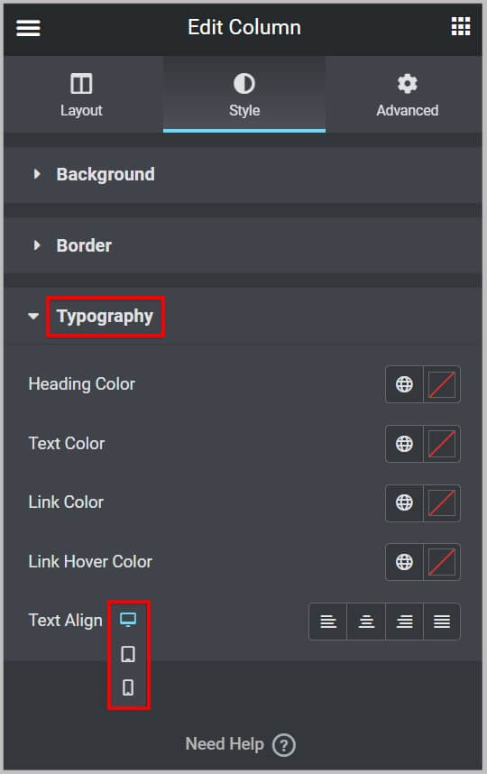 Responsive Controls in Text Align in Columns after Elementor 3.8