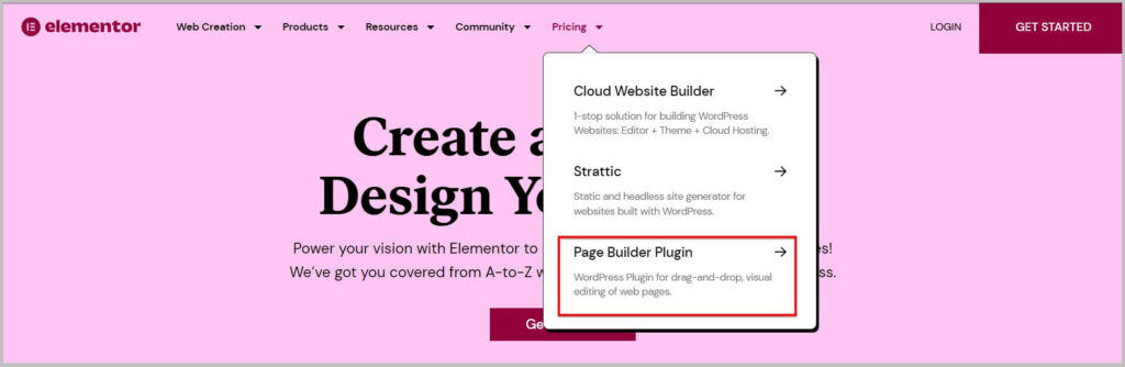 Select page builder plugin under Pricing tab on Elementor homepage