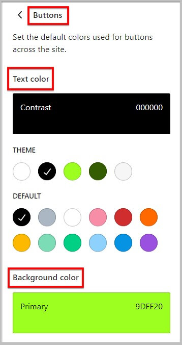 All global color options for Button in WordPress 6.1