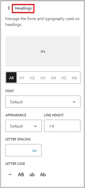 All Global typography options for headings in WordPress 6.1