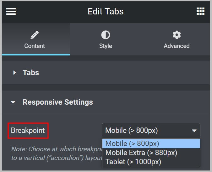 Custom Breakpoints in new Tabs widget in Elementor 3.10