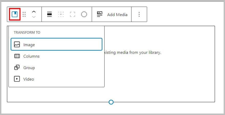 No option to transform Cover block to Media and Text before WordPress 6.1