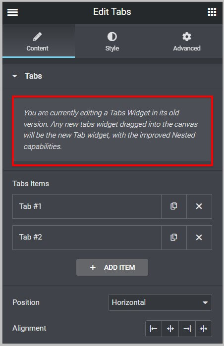 Notification on old tabs widget on activating Nested Elements experiment in Elementor 3.10