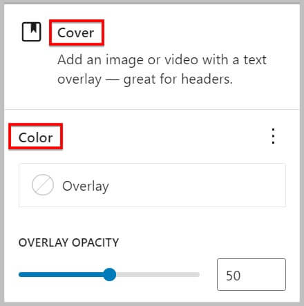 Overlay and Opacity in Cover block settings under Color in WordPress 6.1